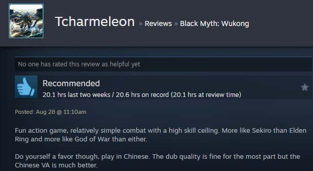 Screenshot of the article titled Dark Legend: Wukong, as reported by Steam Reviews